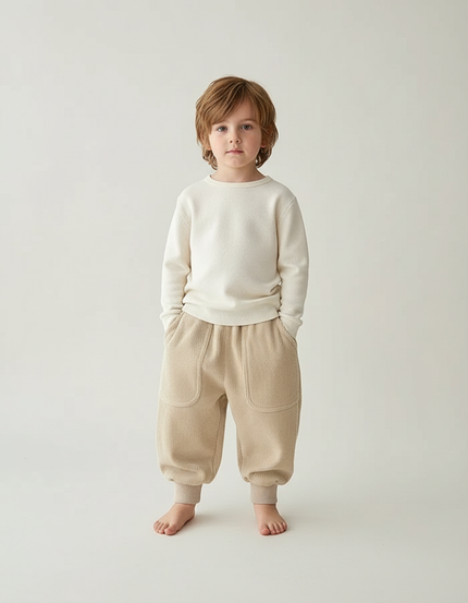 Pantalon Beige Côtelé Ample Doux Élastique Garçon - Cordé