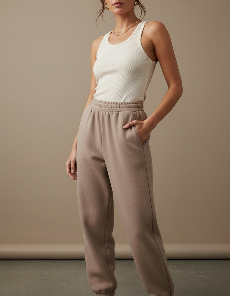 Pantalon Beige Molletonné Ample Confortable Décontracté