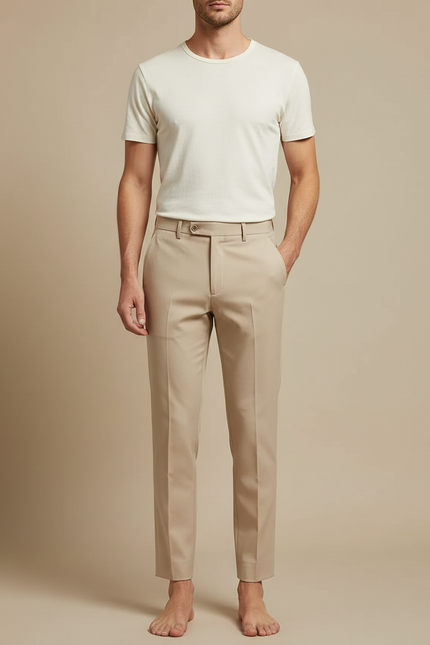 Pantalon Beige Homme Slim-Fit Plissé Élégant - Gabardine
