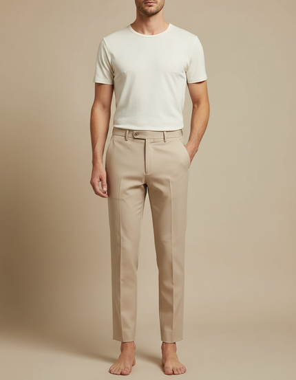 Pantalon Beige Homme Slim-Fit Plissé Élégant - Gabardine