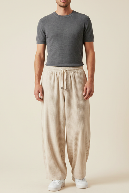 Pantalon Beige Ample Côtelé Décontracté Élastique Homme - Cordé