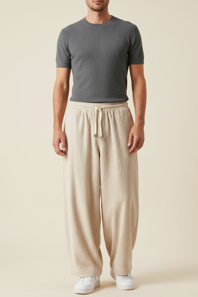 Pantalon Beige Ample Côtelé Décontracté Élastique Homme - Cordé