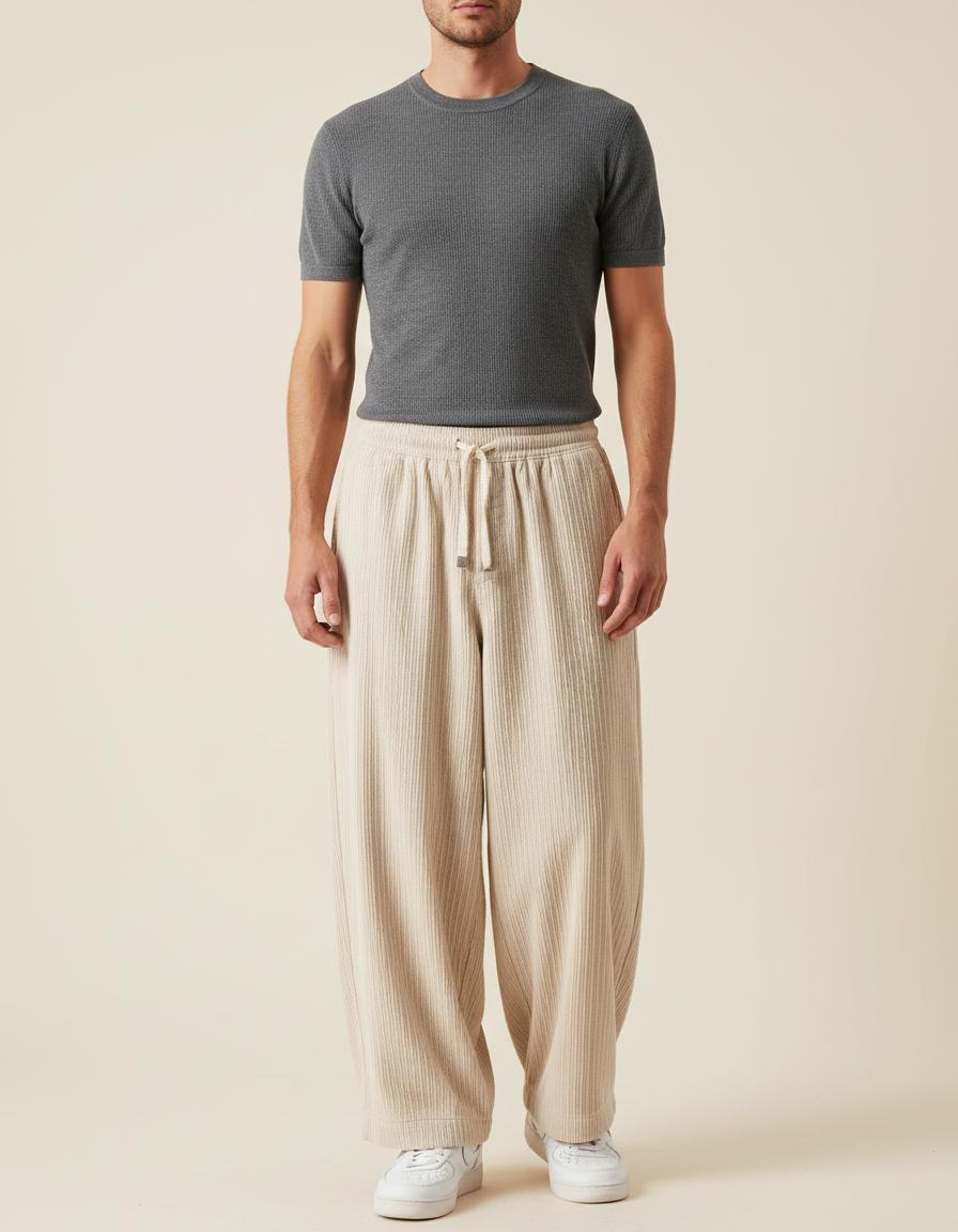 Pantalon Beige Ample Côtelé Décontracté Élastique Homme - Cordé