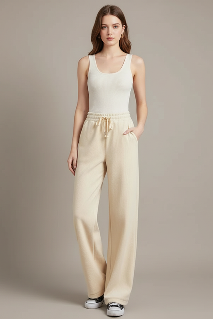 Pantalon Beige Ample Côtelé Décontracté Fluide Femme - Cordé