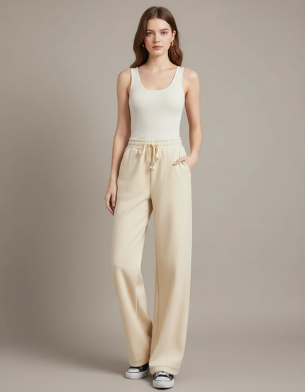 Pantalon Beige Ample Côtelé Décontracté Fluide Femme - Cordé