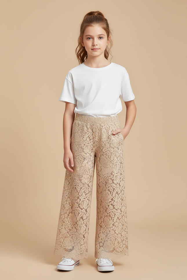 Pantalon Beige Dentelle Ample Fluide Fille Élégant - Polyester