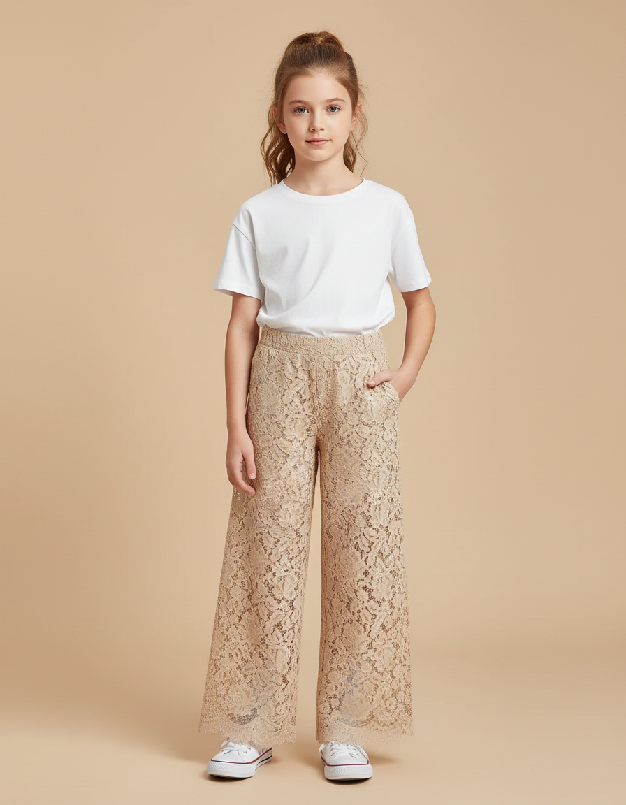 Pantalon Beige Dentelle Ample Fluide Fille Élégant - Polyester