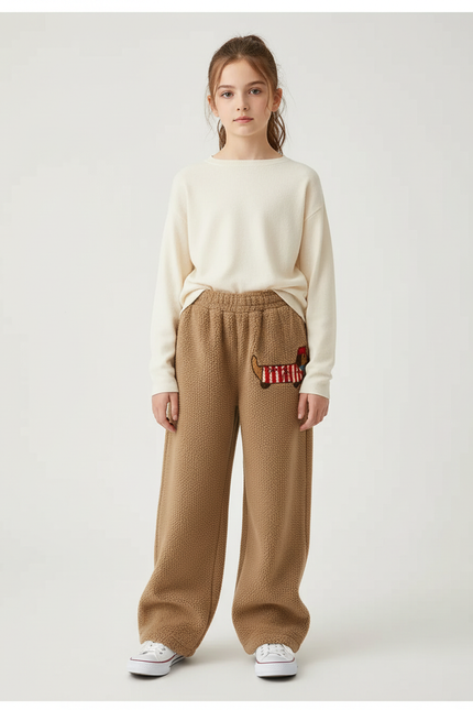 Pantalon Beige Polaire Brodé Ample Décontracté Hiver - Camel Molleton