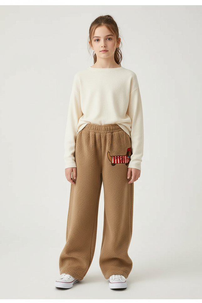 Pantalon Beige Polaire Brodé Ample Décontracté Hiver - Camel Molleton