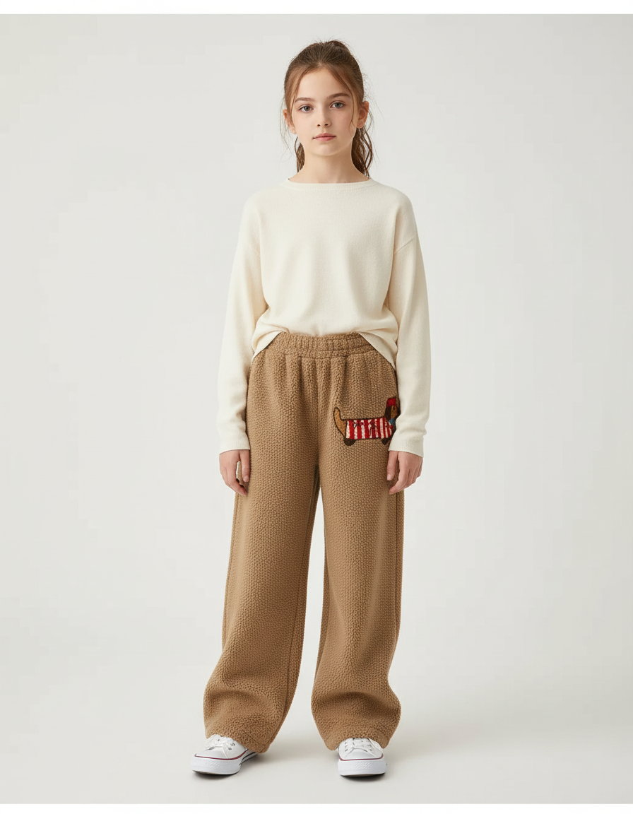 Pantalon Beige Polaire Brodé Ample Décontracté Hiver - Camel Molleton