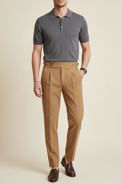 Pantalon Beige Slim Habillé Plissé Taille Haute - Gabardine