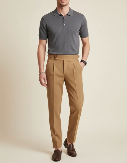 Pantalon Beige Slim Habillé Plissé Taille Haute - Gabardine