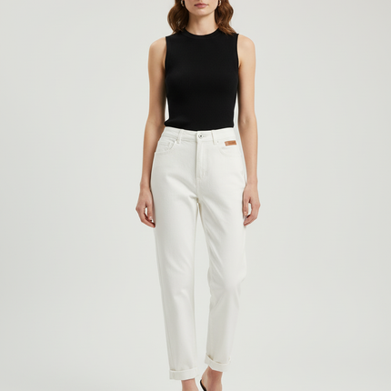 Pantalon Beige Jean Taille Haute Décontracté Femme - Blanc