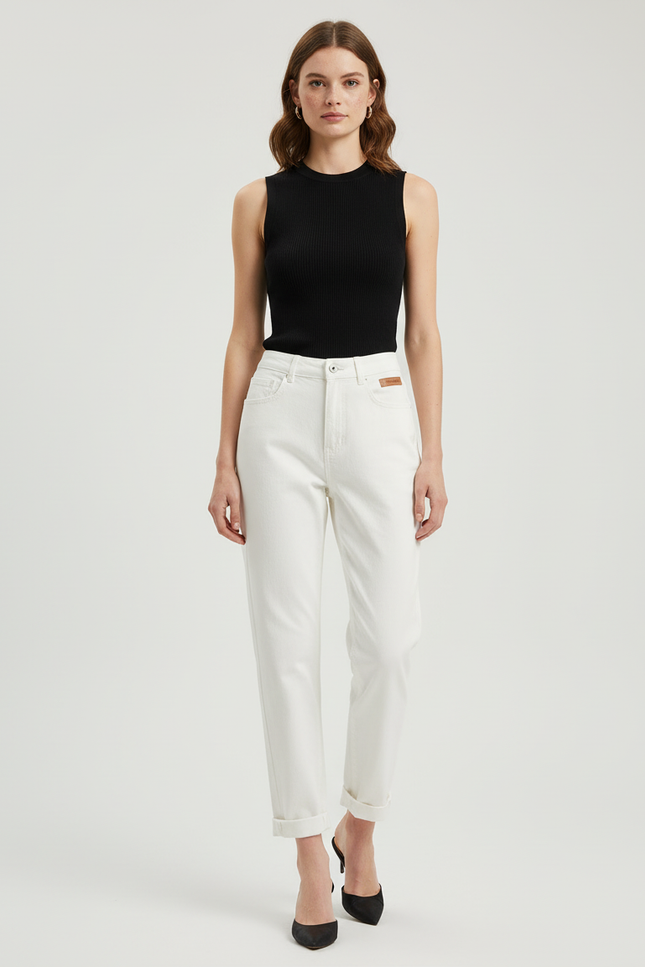 Pantalon Beige Jean Taille Haute Décontracté Femme - Blanc