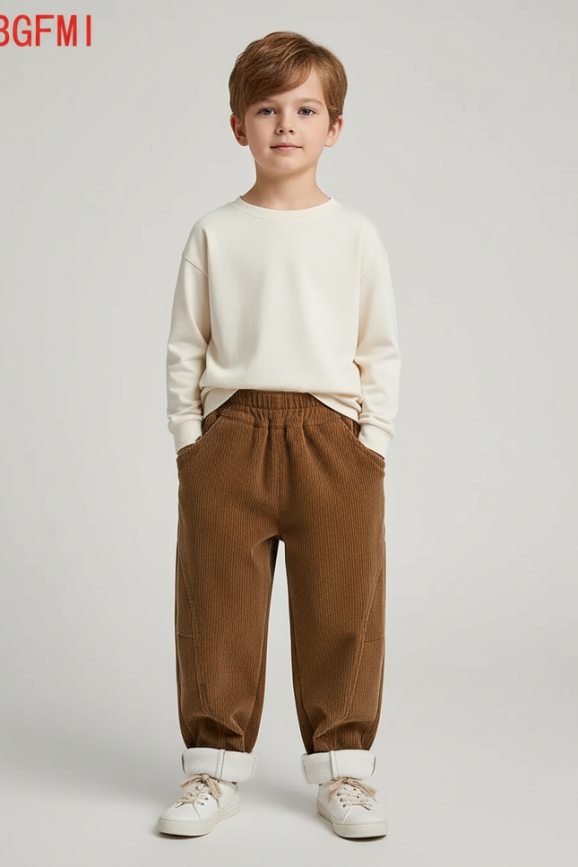 Pantalon Beige Côtelé Ample Doublé Enfants - Marron Cordé