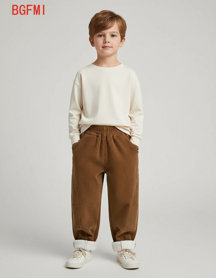 Pantalon Beige Côtelé Ample Doublé Enfants - Marron Cordé
