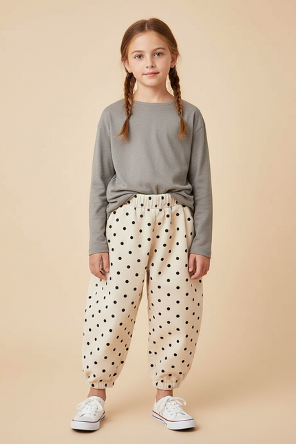 Pantalon Beige À Pois Ample Cordon Côtelé Doux - Cordé