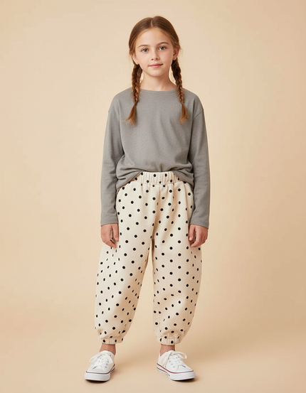 Pantalon Beige À Pois Ample Cordon Côtelé Doux - Cordé
