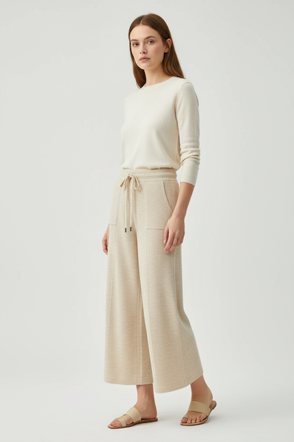Pantalon Beige Tricoté Ample Cordon Décontracté Femme - Maille