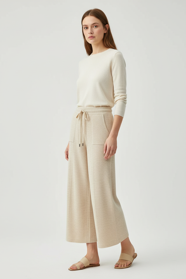Pantalon Beige Tricoté Ample Cordon Décontracté Femme - Maille