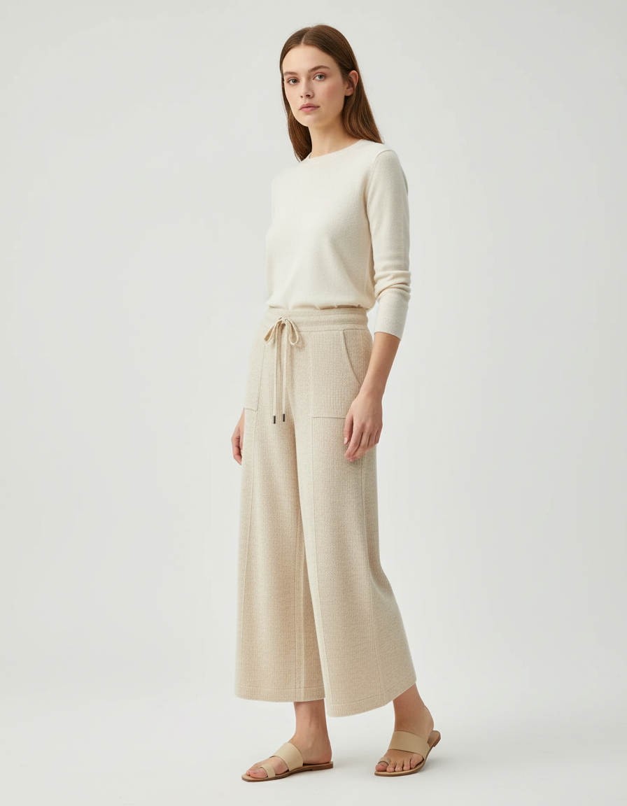 Pantalon Beige Tricoté Ample Cordon Décontracté Femme - Maille
