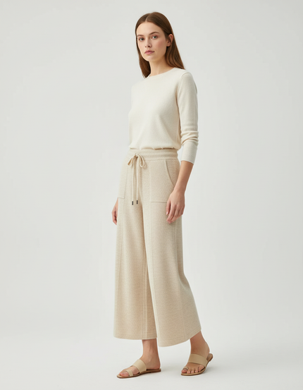 Pantalon Beige Tricoté Ample Cordon Décontracté Femme - Maille