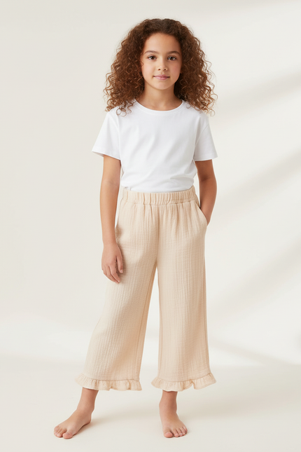 Pantalon Beige Coton Ample Fille Volants Décontracté