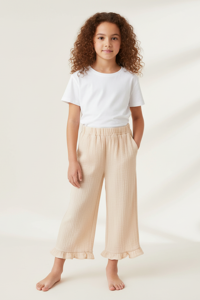 Pantalon Beige Coton Ample Fille Volants Décontracté
