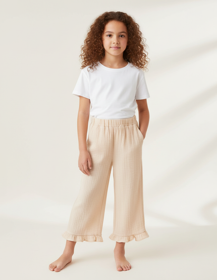 Pantalon Beige Coton Ample Fille Volants Décontracté