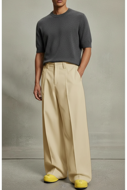 Pantalon Beige Plissé Ample Décontracté Homme Élégant - Gabardine