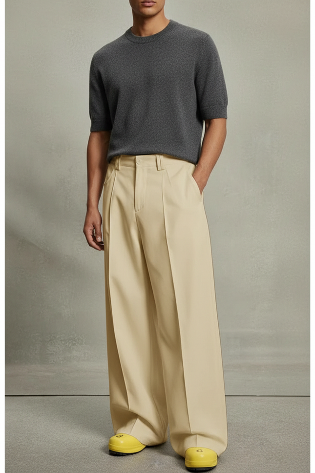 Pantalon Beige Plissé Ample Décontracté Homme Élégant - Gabardine