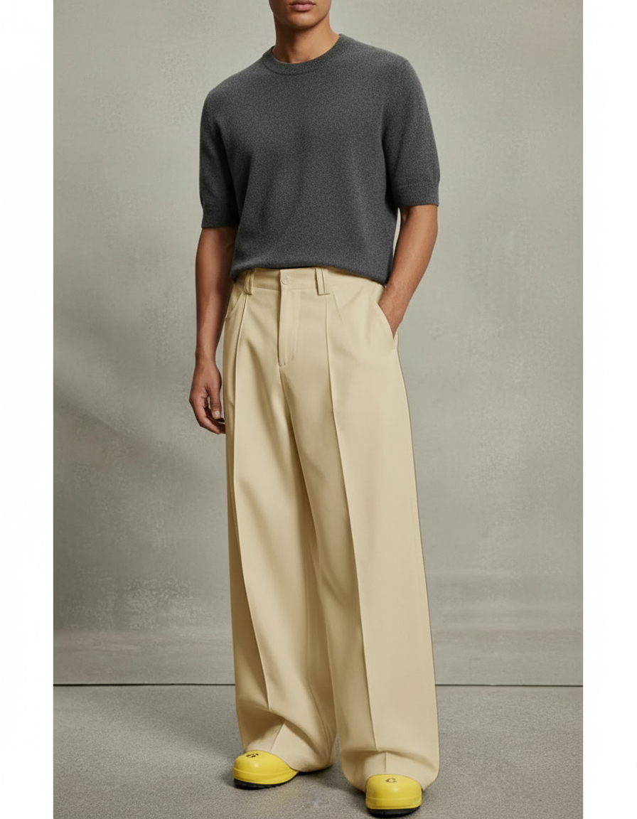Pantalon Beige Plissé Ample Décontracté Homme Élégant - Gabardine