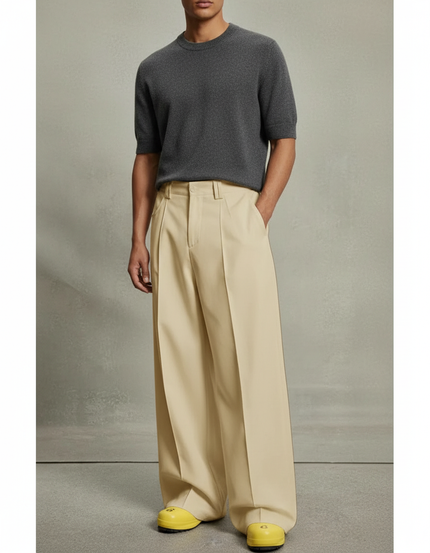 Pantalon Beige Plissé Ample Décontracté Homme Élégant - Gabardine