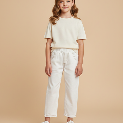 Pantalon Beige Enfant Décontracté Coton Élastique - Toile