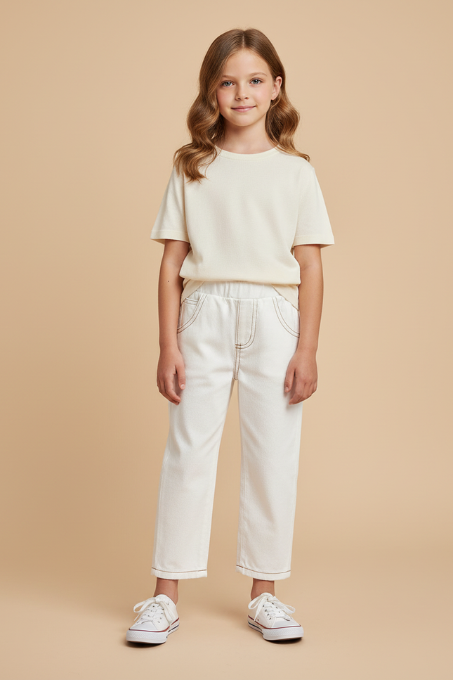 Pantalon Beige Enfant Décontracté Coton Élastique - Toile