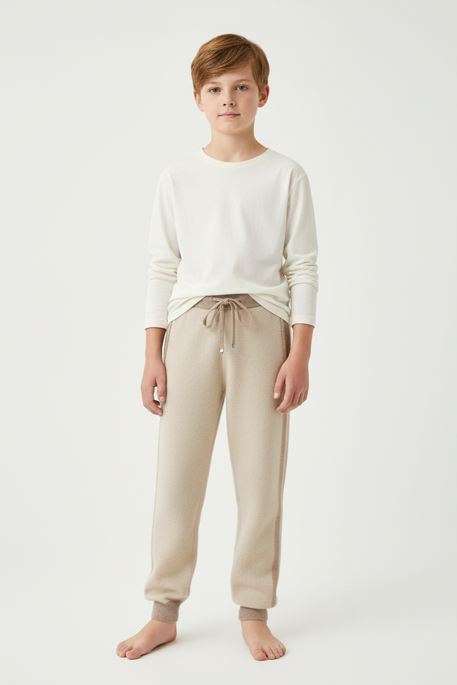 Pantalon Beige Maille Enfant Décontracté Rayures Latérales