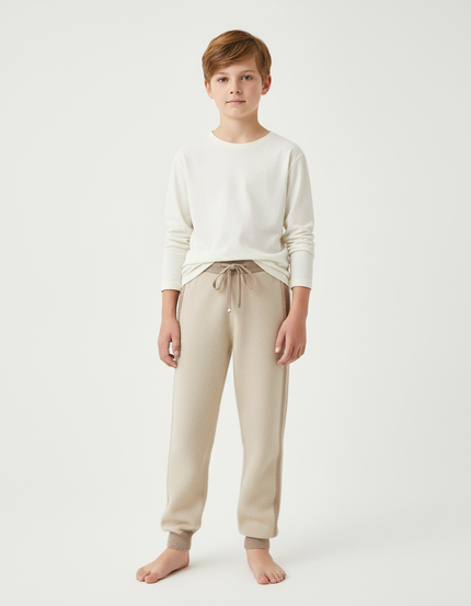 Pantalon Beige Maille Enfant Décontracté Rayures Latérales