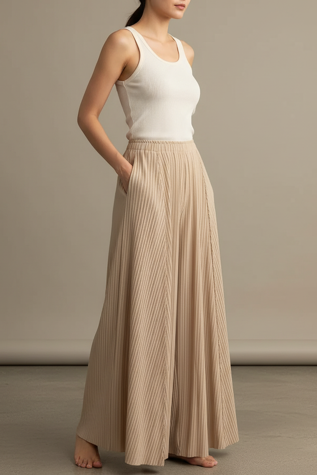 Pantalon Beige Plissé Ample Fluide Décontracté Élégant - Maille