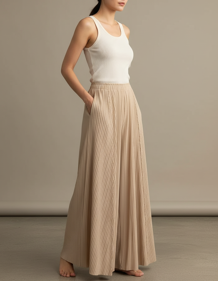 Pantalon Beige Plissé Ample Fluide Décontracté Élégant - Maille