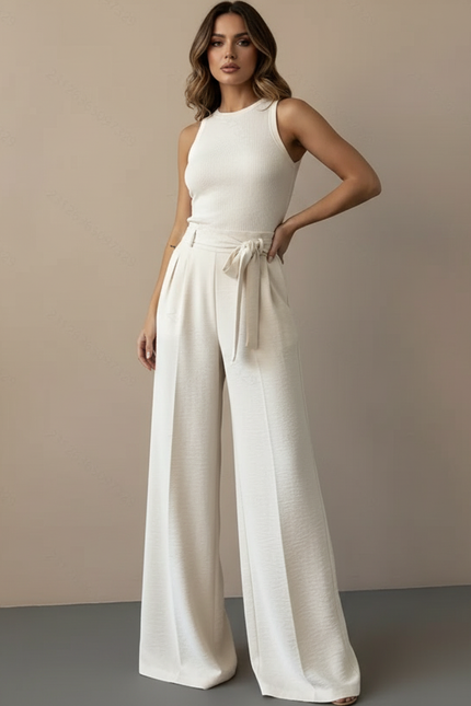 Pantalon Beige Large Fluide Plissé Élégant Femme - Polyester