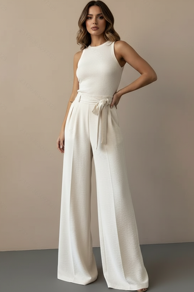 Pantalon Beige Large Fluide Plissé Élégant Femme - Polyester