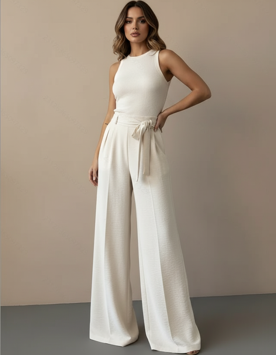 Pantalon Beige Large Fluide Plissé Élégant Femme - Polyester
