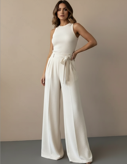 Pantalon Beige Large Fluide Plissé Élégant Femme - Polyester