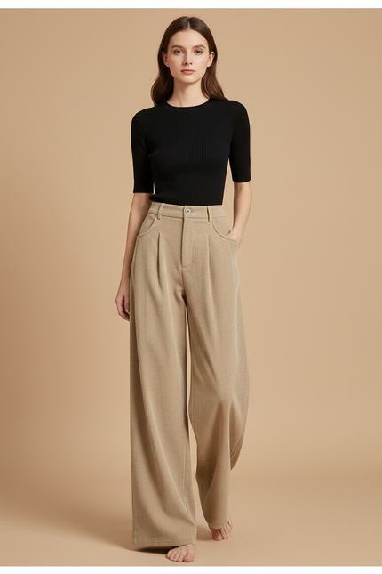 Pantalon Beige Côtelé Taille Haute Ample Femme - Cordé