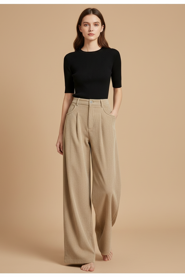 Pantalon Beige Côtelé Taille Haute Ample Femme - Cordé