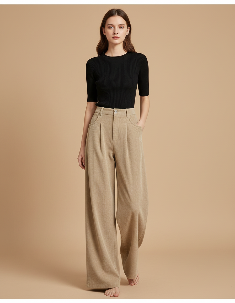 Pantalon Beige Côtelé Taille Haute Ample Femme - Cordé