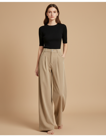 Pantalon Beige Côtelé Taille Haute Ample Femme - Cordé