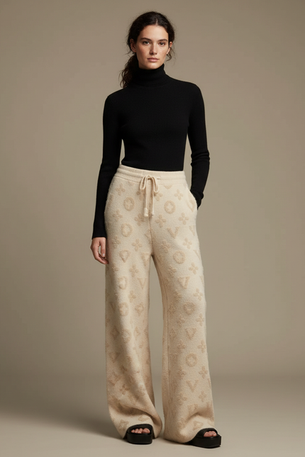 Pantalon Beige Tricoté Ample Motif Monogramme Décontracté Femme - Molleton