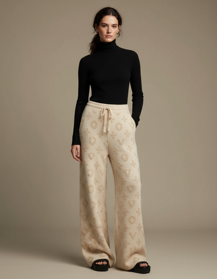 Pantalon Beige Tricoté Ample Motif Monogramme Décontracté Femme - Molleton