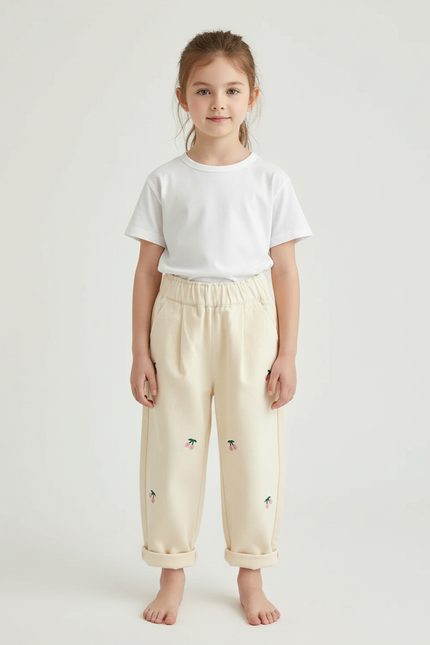 Pantalon Beige Ample Coton Brodé Cerises Enfant - Molleton